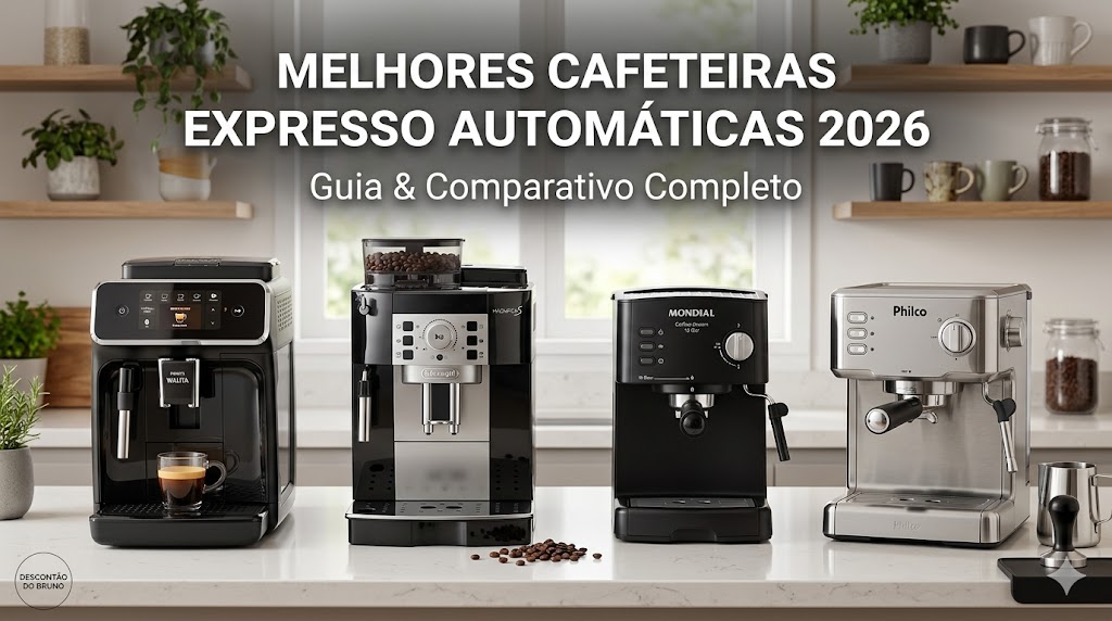 Quatro modelos de cafeteira expresso automática — Walita, De'Longhi, Mondial e Philco — alinhados em uma bancada de cozinha moderna para um post de blog de guia comparativo de 2026 do Descontão do Bruno.