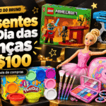 Imagem destacada com 6 sugestões de presentes para o Dia das Crianças até R$100, incluindo LEGO Minecraft, NERF, Barbie, Hot Wheels, Play-Doh e kit de maquiagem infantil, no estilo promocional do Descontão do Bruno.