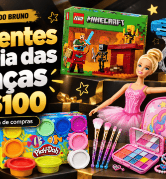 Imagem destacada com 6 sugestões de presentes para o Dia das Crianças até R$100, incluindo LEGO Minecraft, NERF, Barbie, Hot Wheels, Play-Doh e kit de maquiagem infantil, no estilo promocional do Descontão do Bruno.