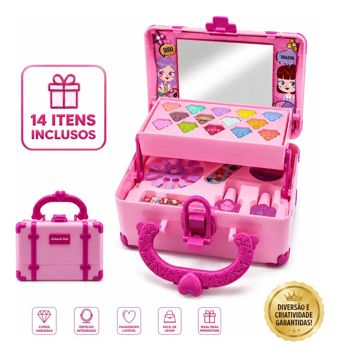 Kit maleta maquiagem infantil lavável com espelho